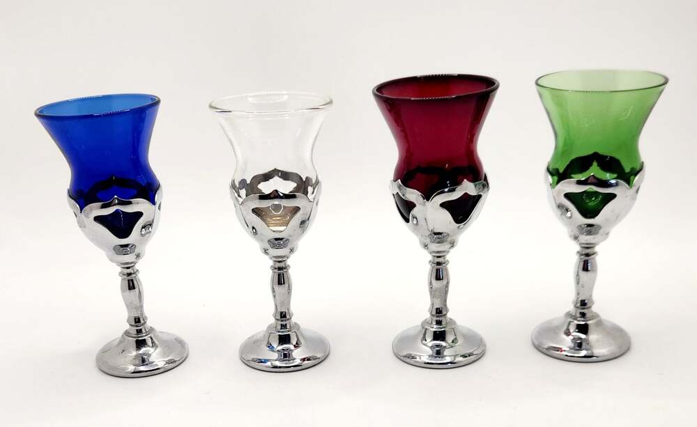 Vintage Farber Bros Set of 4 Colored Glass Cordial Goblets Chrome Holders